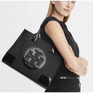 Tory Burch Ella Tote Bag Large Black Patent Leather Logo Nylon